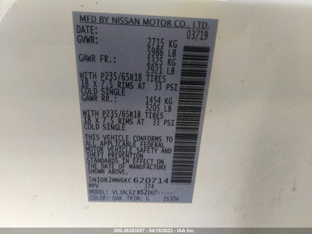2019 NISSAN PATHFINDER SV VIN: 5N1DR2MN6KC620714