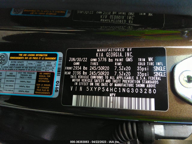 2022 KIA TELLURIDE SX VIN: 5XYP54HC1NG303280