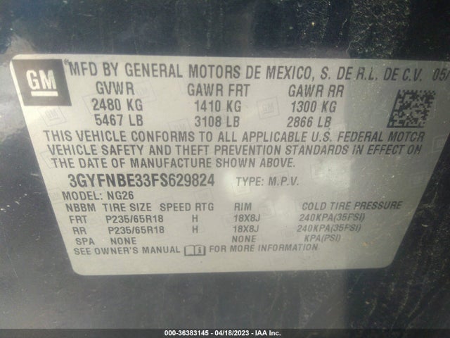3GYFNBE33FS629824 Cadillac Srx Luxury Collection