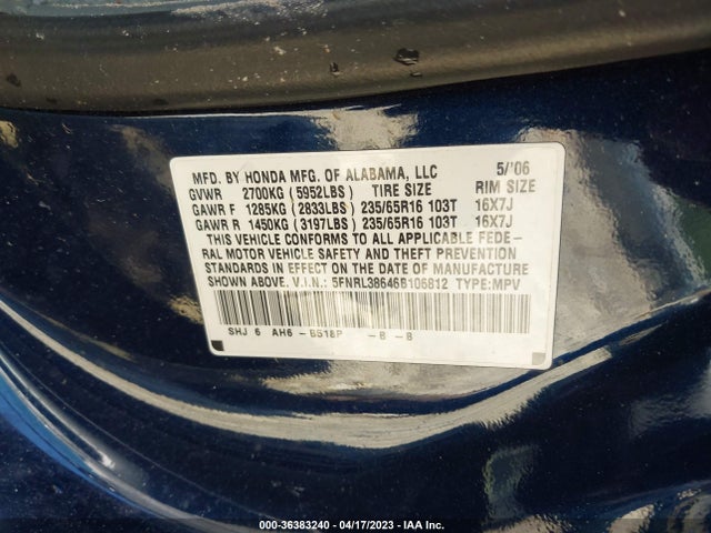 2006 HONDA ODYSSEY EX-L VIN: 5FNRL38646B106812