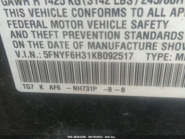 Honda Pilot Ex 2019 5FNYF6H31KB092517 Image 9
