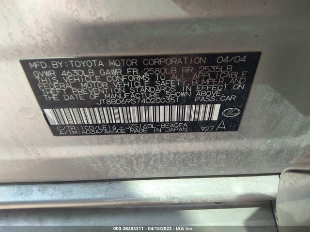 2004 LEXUS GS 300 VIN: JT8BD69S740200351