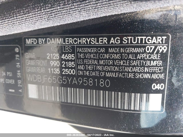 2000 MERCEDES-BENZ E-CLASS VIN: WDBJF65G5YA958180