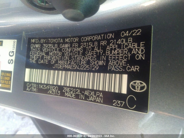 2022 TOYOTA COROLLA LE VIN: JTDEPMAE5NJ225129