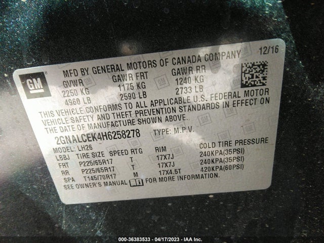 2017 CHEVROLET EQUINOX LT VIN: 2GNALCEK4H6258278
