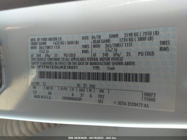 Ford F-150 Xl/xlt/lariat 2018 1FTFW1E50JKE18051 Image 10
