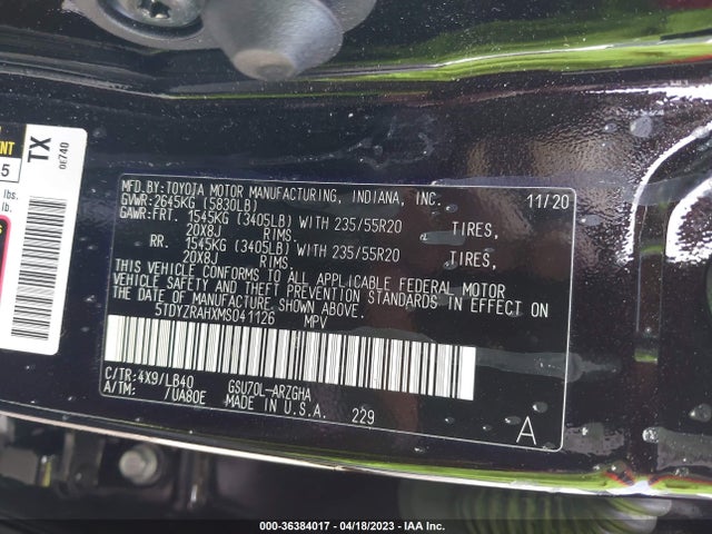 2021 TOYOTA HIGHLANDER LIMITED/PLATINUM VIN: 5TDYZRAHXMS041126