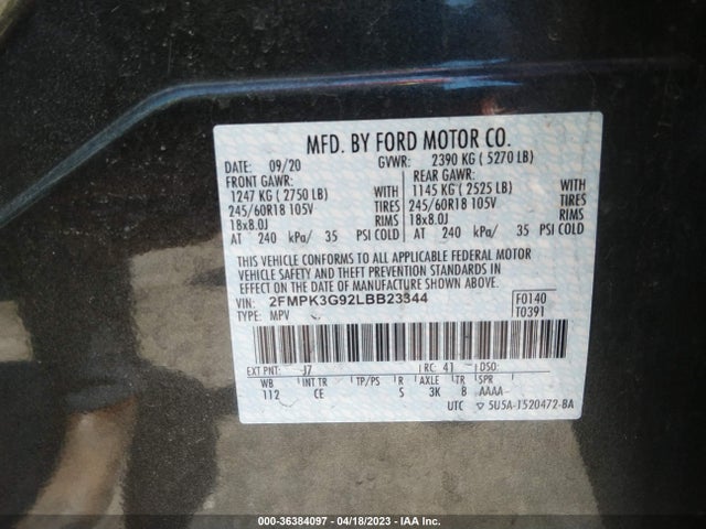 2020 FORD EDGE SE VIN: 2FMPK3G92LBB23344