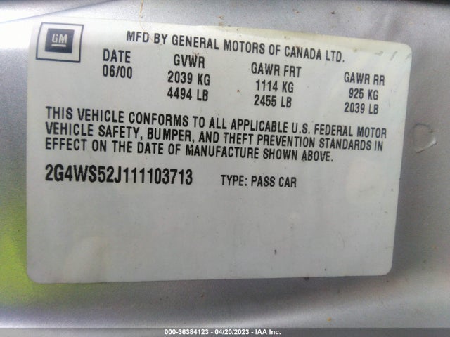 2001 Buick Century Custom მანქანა იყიდება აუქციონზე, vin: 2G4WS52J111103713, აუქციონის ნომერი: 36384123
