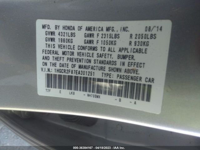 1HGCR2F87EA301251 Honda Accord Sedan Ex-l