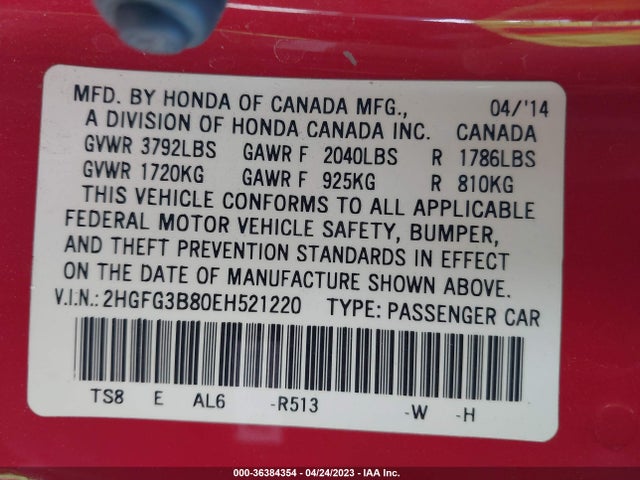Honda Civic Coupe Ex 2014 2HGFG3B80EH521220 Image 10