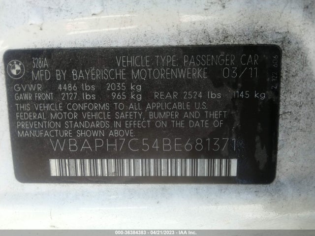 2011 BMW 3 SERIES 328I VIN: WBAPH7C54BE681371
