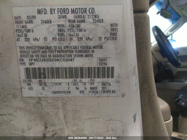 2009 FORD ESCAPE XLT VIN: 1FMCU93GX9KC02047