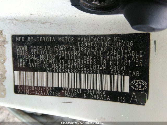 2006 TOYOTA COROLLA LE VIN: 2T1BR32E86C692371