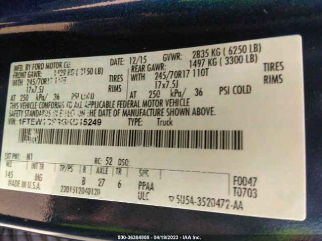 1FTEW1CP9GKD15249 Ford F-150 Xl/lariat/xlt