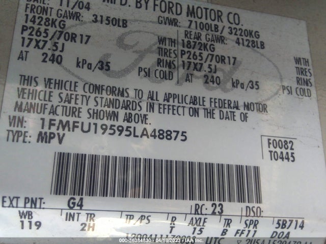 2005 FORD EXPEDITION LIMITED VIN: 1FMFU19595LA48875