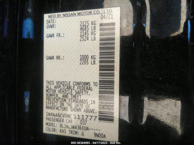 Aukcja sprzedaży 2021 Nissan Maxima Sv, vin: 1N4AA6CV0MC511777, numer aukcji: 36384993
