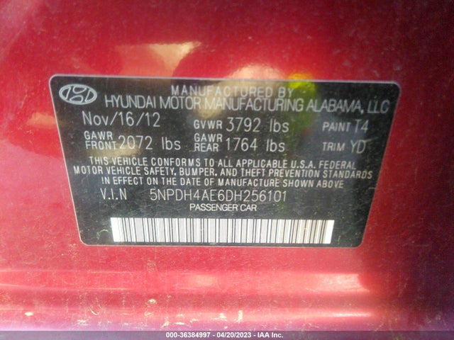 2013 HYUNDAI ELANTRA GLS VIN: 5NPDH4AE6DH256101