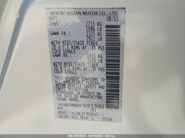 2015 NISSAN PATHFINDER PLATINUM VIN: 5N1AR2MM8FC695592