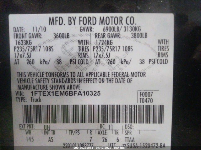 2011 FORD F-150 XL/STX/XLT VIN: 1FTEX1EM6BFA10325