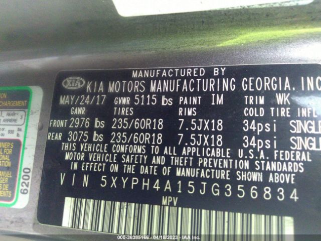 5XYPH4A15JG356834 KIA SORENTO EX