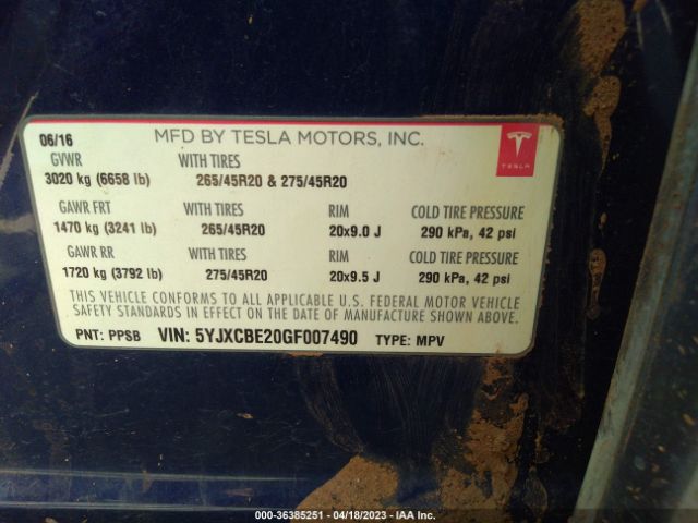 5YJXCBE20GF007490 Tesla Model X 70d/90d/75d/60d/p100d