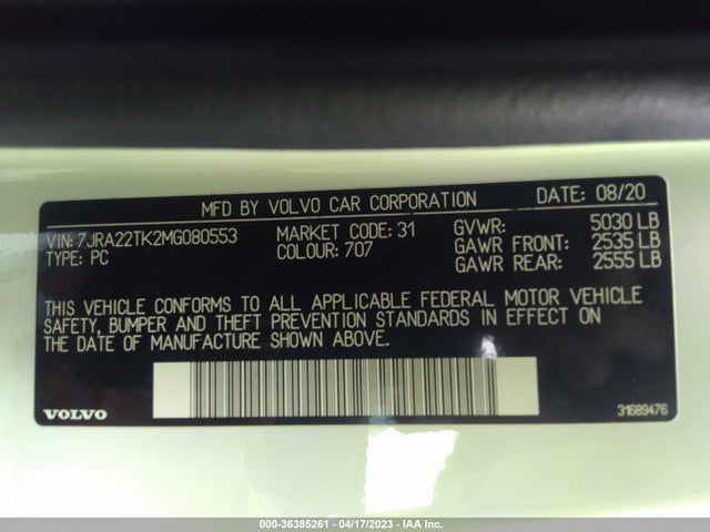 2021 VOLVO S60 MOMENTUM VIN: 7JRA22TK2MG080553