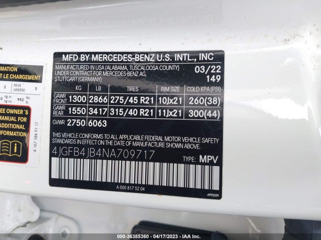 2022 MERCEDES-BENZ GLE GLE 350 VIN: 4JGFB4JB4NA709717