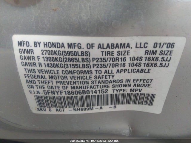 2006 HONDA PILOT EX-L WITH RES VIN: 5FNYF18606B014152