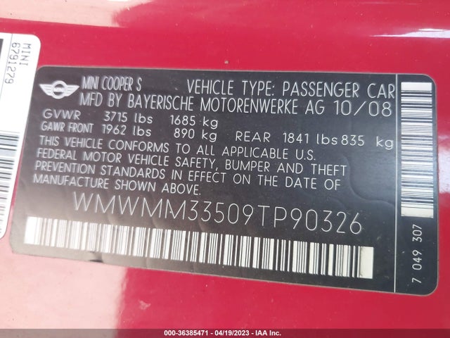 2009 MINI COOPER CLUBMAN S VIN: WMWMM33509TP90326