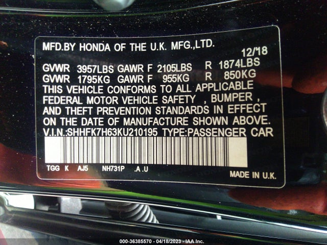 Honda Civic Hatchback Ex 2019 SHHFK7H63KU210195 Image 10