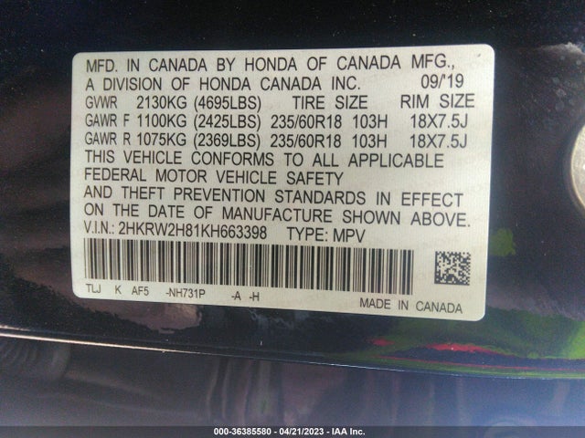 Honda Cr-v Ex-l 2019 2HKRW2H81KH663398 Image 9