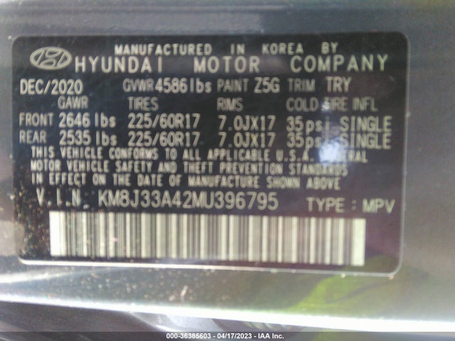 2021 HYUNDAI TUCSON VALUE VIN: KM8J33A42MU396795