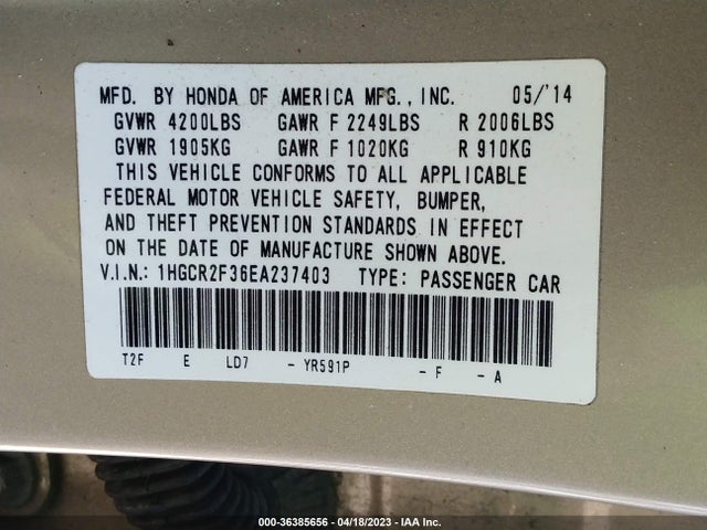 Honda Accord Sedan Lx 2014 1HGCR2F36EA237403 Image 9