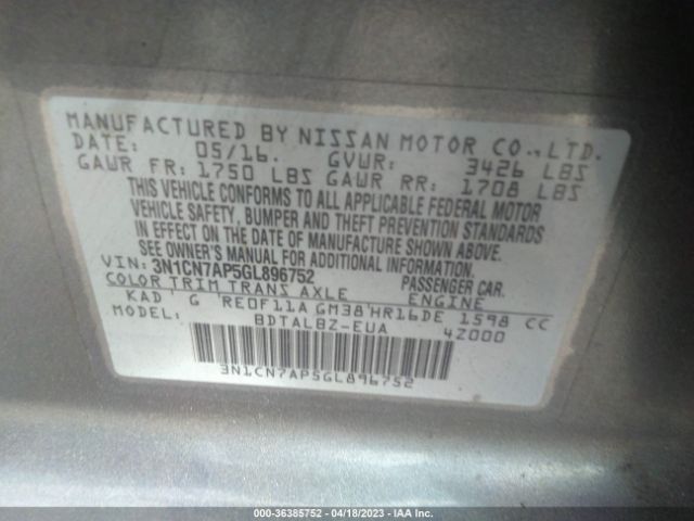 3N1CN7AP5GL896752 Nissan Versa S/s Plus/sl/sv