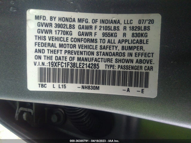 2020 HONDA CIVIC EX VIN: 19XFC1F38LE214285