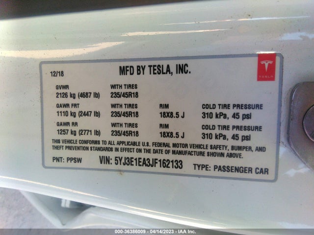 Tesla Model 3 Range Battery 2018 5YJ3E1EA3JF162133 Image 9