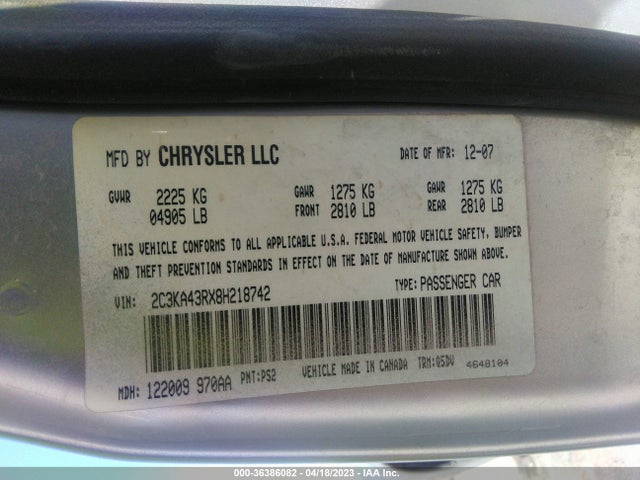 2008 CHRYSLER 300 LX VIN: 2C3KA43RX8H218742