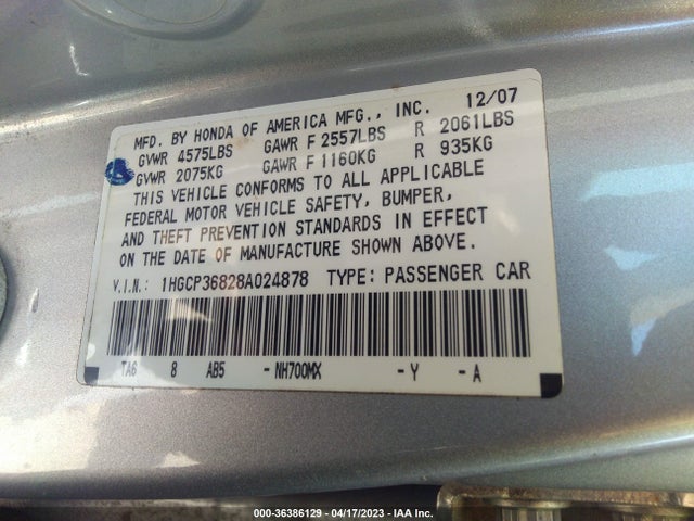 2008 HONDA ACCORD SDN EX-L VIN: 1HGCP36828A024878