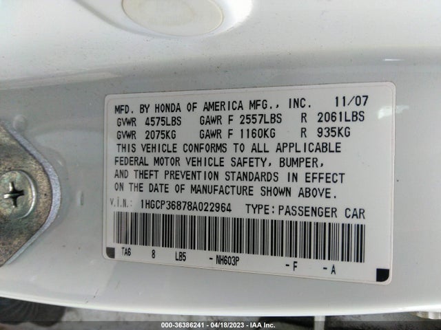 2008 HONDA ACCORD SDN EX-L VIN: 1HGCP36878A022964