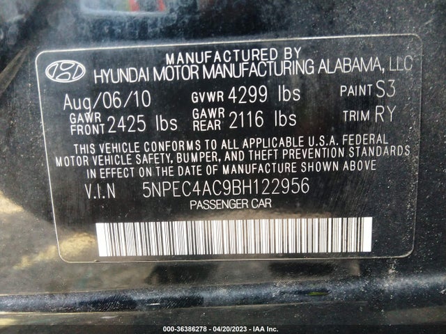 2011 HYUNDAI SONATA SE VIN: 5NPEC4AC9BH122956
