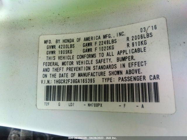 Honda ACCORD LX 2016 1HGCR2F38GA165395 Image 9
