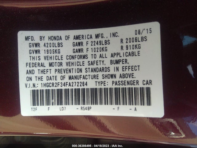 Honda Accord Sedan Lx 2015 1HGCR2F34FA272264 Image 11