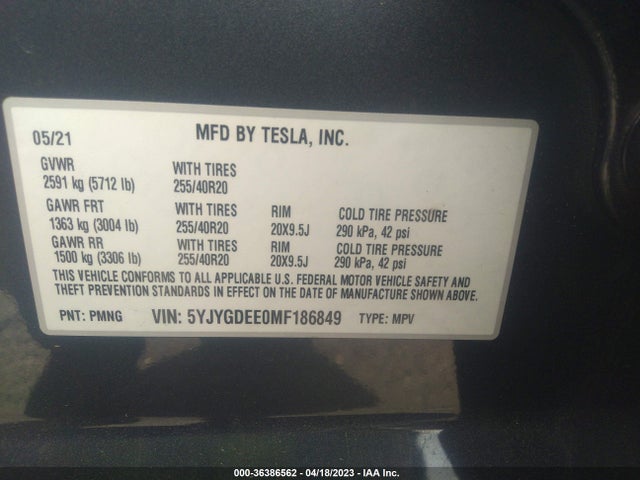 Tesla Model Y Long Range 2021 5YJYGDEE0MF186849 Image 9