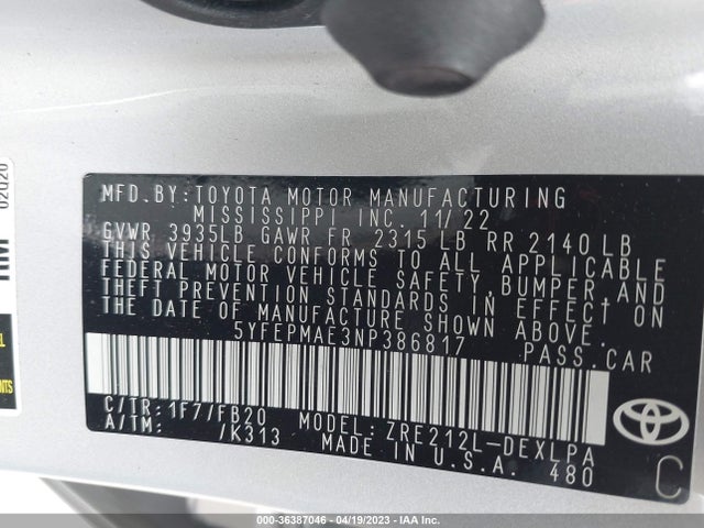 Toyota COROLLA LE 2022 5YFEPMAE3NP386817 Image 9
