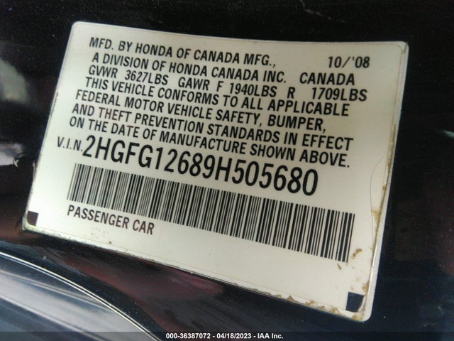 2009 HONDA CIVIC CPE LX VIN: 2HGFG12689H505680