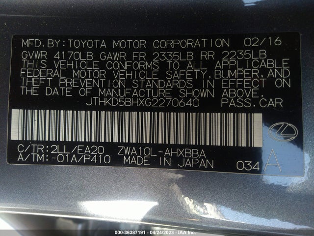 JTHKD5BHXG2270640 Lexus Ct 200h Hybrid