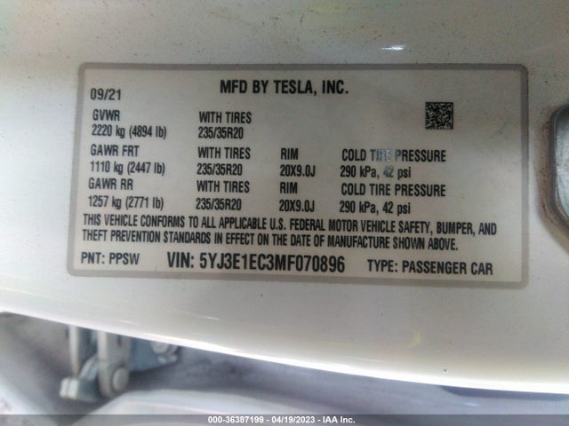 Tesla Model 3 Performance 2021 5YJ3E1EC3MF070896 Image 10