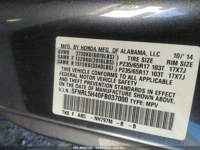 Honda ODYSSEY EX 2015 5FNRL5H40FB037000 Image 9