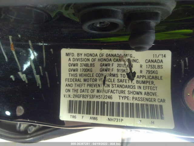 Honda Civic Sedan Lx 2015 2HGFB2F53FH512246 Image 9